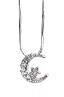 New Small Moon Star Pendant Women W Austrian Crystal Necklace Silver Plated • $14.37