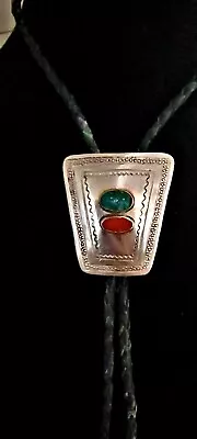 Vtg Signed Native American NAVAJO Sterling TURQUOISE CORAL BOLO TIE LARGE 30.7 • $65