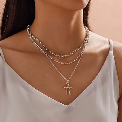 3pcs Punk Jewelry Silver Popcorn Chain Cross Charm Statement Necklace For Women • $2.98