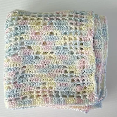 Vintage Baby Blanket Hand Crochet Handmade Knit Blue Pink Yellow White 40x40” • $18.97