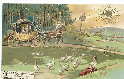 £8.60 • Buy Postcard Artist Congratulations Carriage Gold Embossed Card Sun Rays Animals Humans 