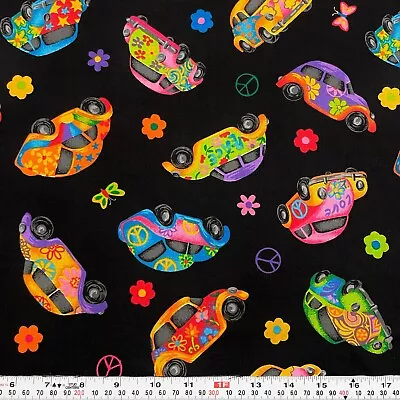 Cranston Groovy Love Bug VW Volkswagen Black Cotton Fabric By The HALF YARD • $6