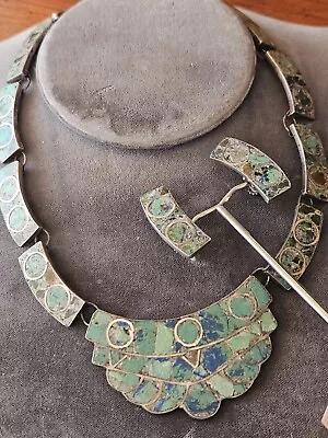 Vintage Taxco 950 Sterling Mexico Inlaid Turquoise Necklace Earrings Signed TM • $49