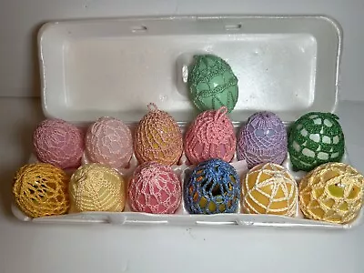 Vintage Hand Crochet Over Colorful Plastic Easter Eggs Lot Of 13 Beautiful Decor • $24.95