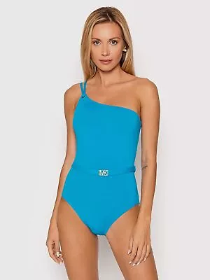 Michael Kors BLUE One Shoulder Belted One Piece Swimsuit US 6 NWOT • $38.88