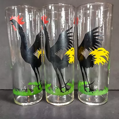 Federal Glass Black Rooster Crowing Tom Collins Glasses 3 Highball Cocktail 6.75 • $36.99