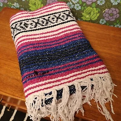 £16.99 • Buy Small Blue Pink Mexican Woven Stripy Falsa Yoga Picnic/Beach Blanket/Throw