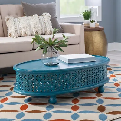 Oval Coffee Table Boho Blue Solid Wood Elegant Living Family Room Cocktail • $280.22