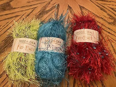 2 Skeins Moda Dea FUR EVER ~ Red Hot & Limeade~ 1 Skein PRIMA ~ Turquoise • $6