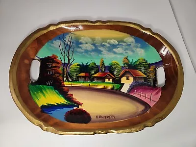 Vintage Hand Painted Uruapan Michoacan Mexico Wood Tray W/Handles Folk Art • $20.95