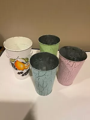 Lot Of 4 Garden  Tin Planter Bucket Metal Flower Pot Round Plant Basket Home • $15