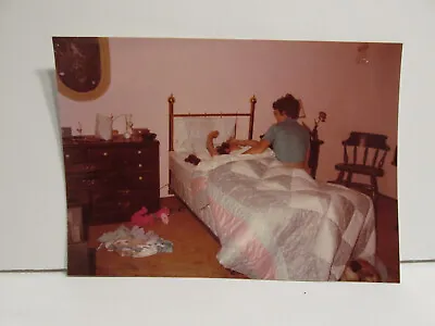 Vintage Found Photograph Color Original Art Photo Mother Nursing Daughter In Bed • $5.30