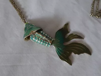 Vintage CLOISONNE Articulated Fish Necklace AQUA Enamel Koi Jewelry Pendant 3.5  • $19.99