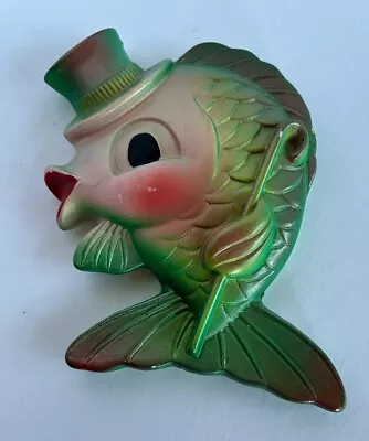 Vintage Chalkware Wall Plaque Green Fish With Top Hat • $25