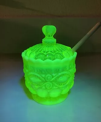 Vintage Mosser Eye Winker Uranium Vaseline Glass Covered Honey Pot Sugar Jar • $105