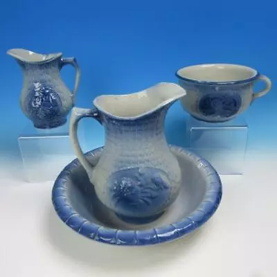 Blue And White Stoneware - Fish Scale And Wild Rose - 4 Pc Wash Stand Basin Set • £168.74