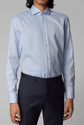 Hugo Boss Men's 'Jason' Blue Textured Slim Fit Dress Shirt 17 (EU 43) • $70