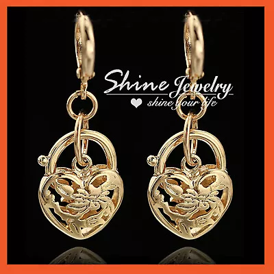 24k Gold Gf Heart Belcher Padlock Filigree Dangle Hoop Huggies Lady Earring Gift • $11.72