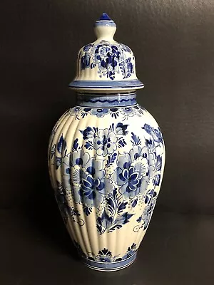 Vintage DELFT BLUE & WHITE LIDDED VASE URN GINGER JAR HAND PAINTED 14.5 X 6.5” • $125