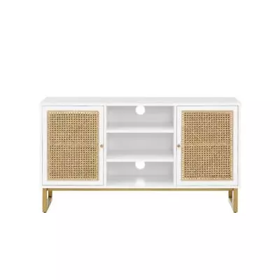 47 Inch Mid Century Modern White TV Stand With Wood Finish & Metal Legs • $205.29