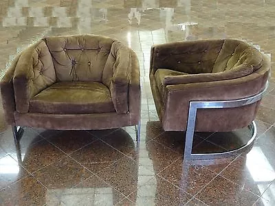 Pair Jules Heumann Metropolitan Polished Chrome Suede Barrel Club Lounge Chair • $4800