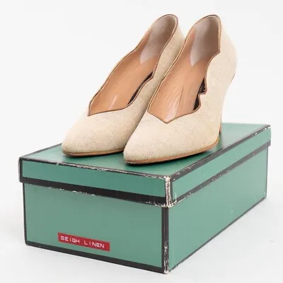 Vintage Maud Frizon Paris Women's Heels Size 35/ 5 US Beige Fabric W Bronze Edge • $51.37