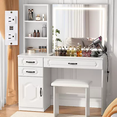 VOWNER Vanity With Lighted Mirror - Makeup Vanity Desk With Glass Top Power Str • $78