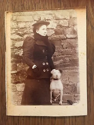 Original 1890s B&W Photo Young Woman & Jack Russell Dog Mutton Chop Sleeve Coat • £5