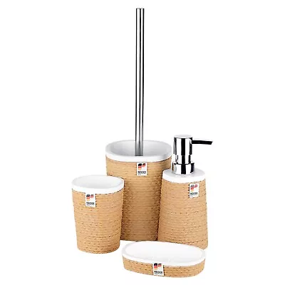 Ridder 4pc Brown Rope Wrap Ceramic Bathroom Accessory Dispenser Toilet Brush Set • £8.49