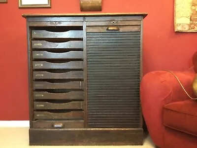 Outstanding Rare Tambour Oak Arts & Crafts Office Filing Cabinet Chest 18 Trays • £900