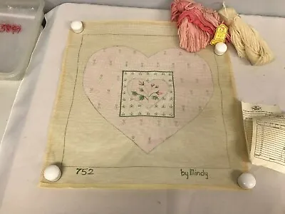1982 BY MINDY NEEDLEPOINT KIT #752 PINK HEART WITH ROSES 13 3/4  SQUARE W YARN • $50