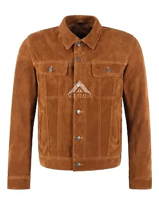 Trucker Men's Tan Suede Leather Jacket Classic Western Cowboy Shirt Style Jacket • £96