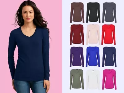 Ladies Womans Basic Long Sleeve Plain V Neck Stretch Top T Shirt Plus Size 8-26 • £4.99