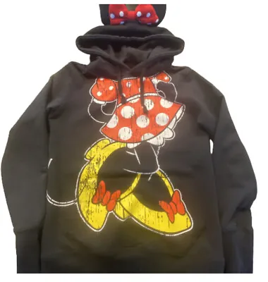 Disney Hoodie Womens Small Minnie Mouse  Black Sweatshirt Ears Bow Jumper  • $19