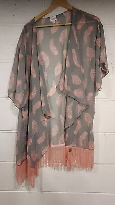 WOMENS  Lula Roe  Sheer Wrap/Coverup Fringed GREY/PINK FEATHER PRINT • $12