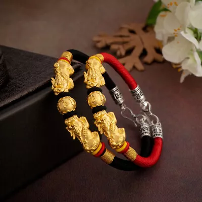 Pure 24K Yellow Gold Bracelet 3D Lucky Six-word Motto Pixiu Bead Weave Bracelet • $441.69