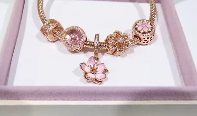 Genuine Rose Gold PANDORA Bracelet Flower Charm & CZ Crystal Beads *EASTER SALE • $239