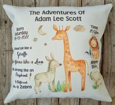 Personalised Safari Cushion With Birth Details Newborn Baby Gift Nursery Decor • £18.99