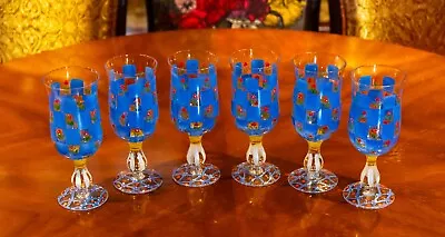 MacKenzie-Childs Set Of 6 Hand Painted Water Wine Glasses Blue With Red Flowers • $360