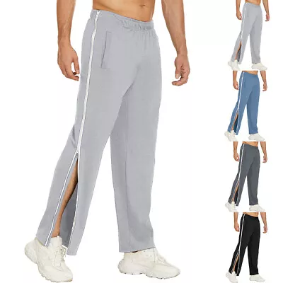 Mens Pockets Jogging Tracksuit Bottoms Gym Side Zip Up Casual Joggers Pants Size • £16.29