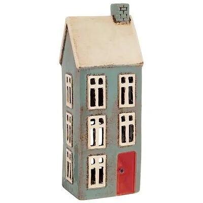 Village Pottery Ceramic Tall Grey House Tealight  And Candle Holder Gift • £16.49