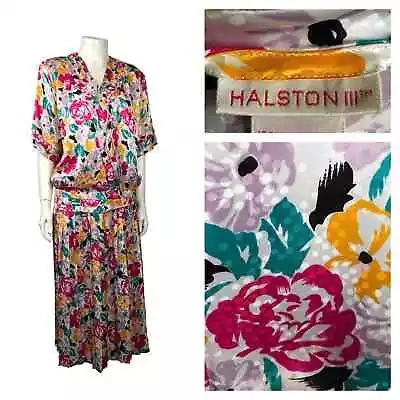 1980s Halston Dress Set Floral Blouse & Pleated Skirt / Women’s Small  • $31.60