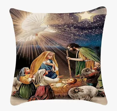 NATIVITY SCENE MANGER DOVE Christmas Throw Pillow Cover Winter Holiday Decor • $13.08