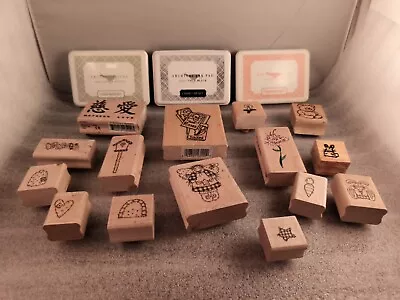 Wooden Rubber Stamps Lot Of 15 + Inkpads 3 Colors: Hearts Rabbits Rose Bear Etc. • $14.43