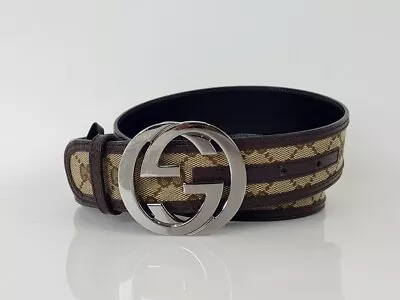 Gucci Beige/Brown GG Canvas & Leather Interlocking G Buckle Belt Size 95/38 • $199.99