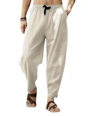 Mens Casual Cotton Linen Baggy Trousers Wide Leg Elastic Waist Loose Harem Pants • $18.99