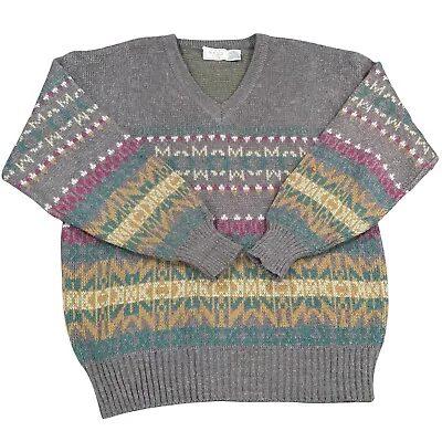 Vintage 80s Sears The Mens Store Sweater Large Gray Fair Isle Wool Blend V Neck • $20.69