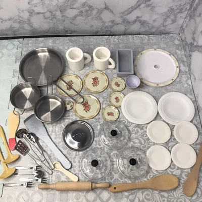 $15 • Buy Lot Of 40 Pretend Play Dishes Albumin Pots Pans Utensils Plates Cups Toys