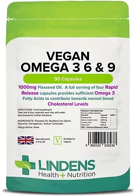 OMEGA 3 6 9 CAPSULES Flaxseed Oil 90 Pack 1000mg Cholesterol VEGAN • £10.99