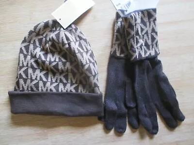 NWT Michael Kors Signature ULTRA RARE Brown Tan Beanie Hat Gloves Set $84 New  • $49.99